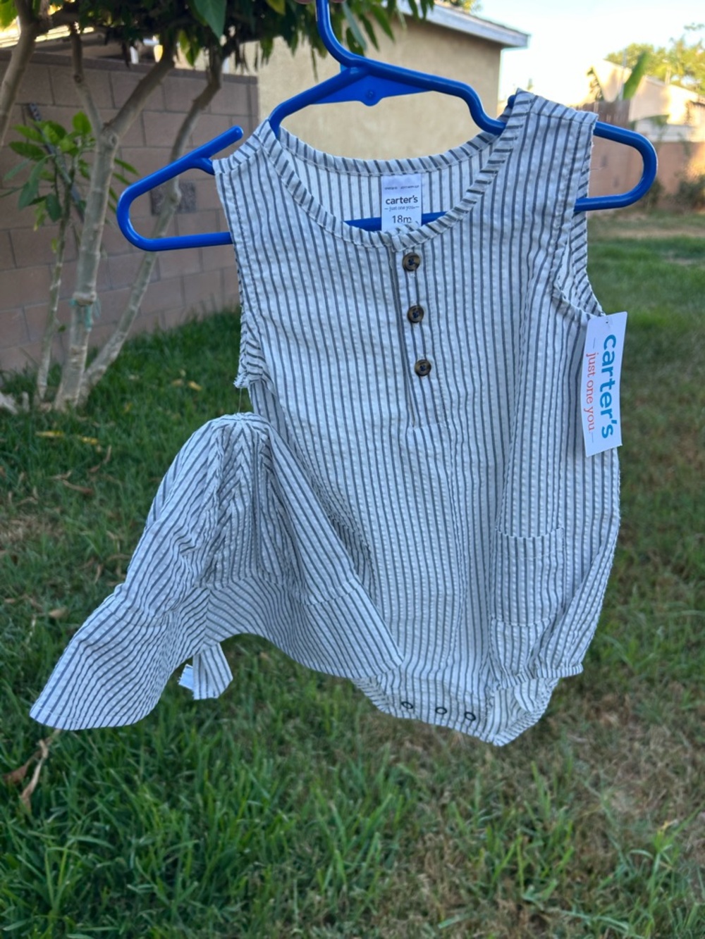 Carter's White and Blue Pinstripe Sleeveless Baby Romper with Sun Hat